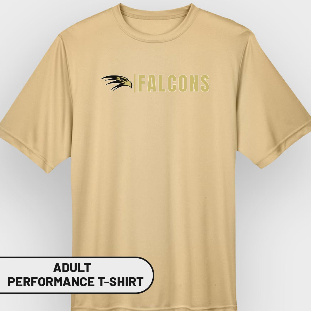 Tan adult performance t-shirt with black and gold falcon logo and "FALCONS" text.