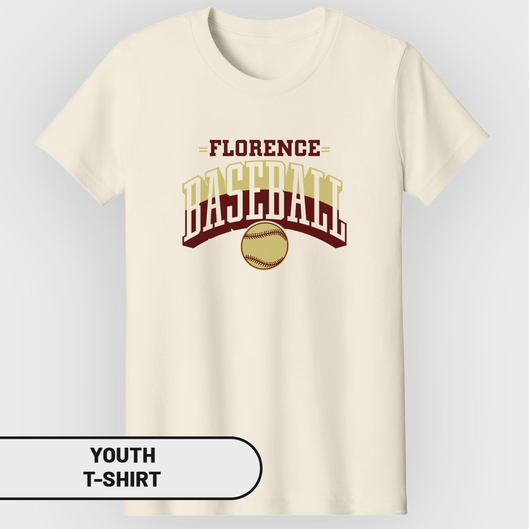 Cream youth t-shirt with "Florence Baseball" text and baseball graphic.