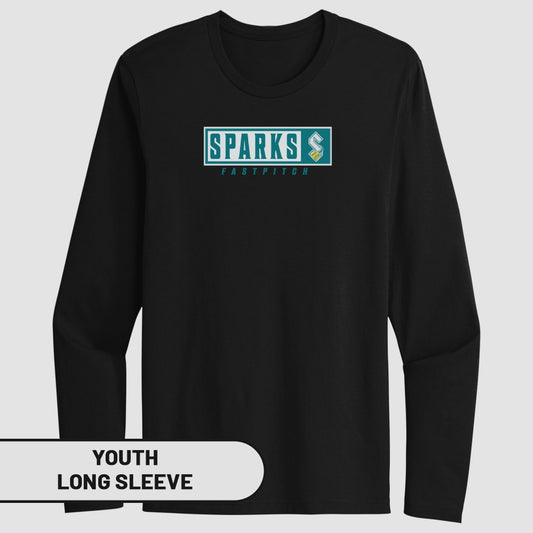 Black youth long sleeve shirt with "SPARKS FASTPITCH" logo on chest.