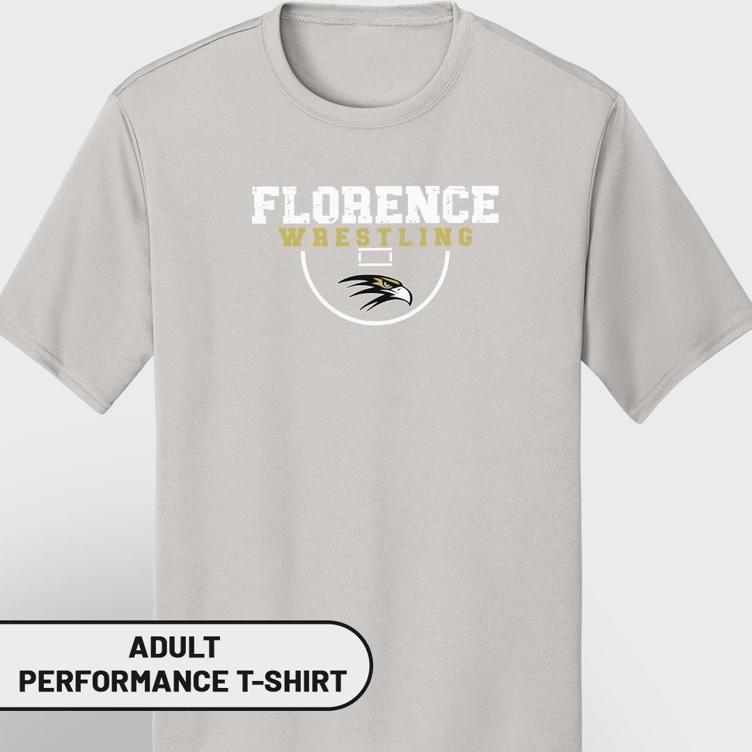 Light gray adult performance t-shirt with "Florence Wrestling" text and eagle logo.