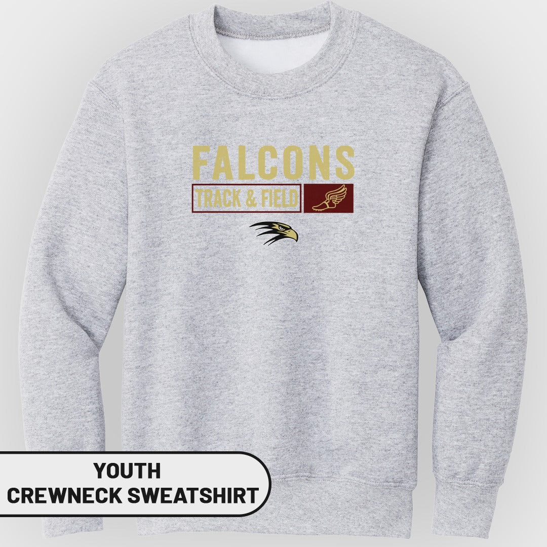 Light gray youth crewneck sweatshirt with "FALCONS TRACK & FIELD" text and falcon logo.