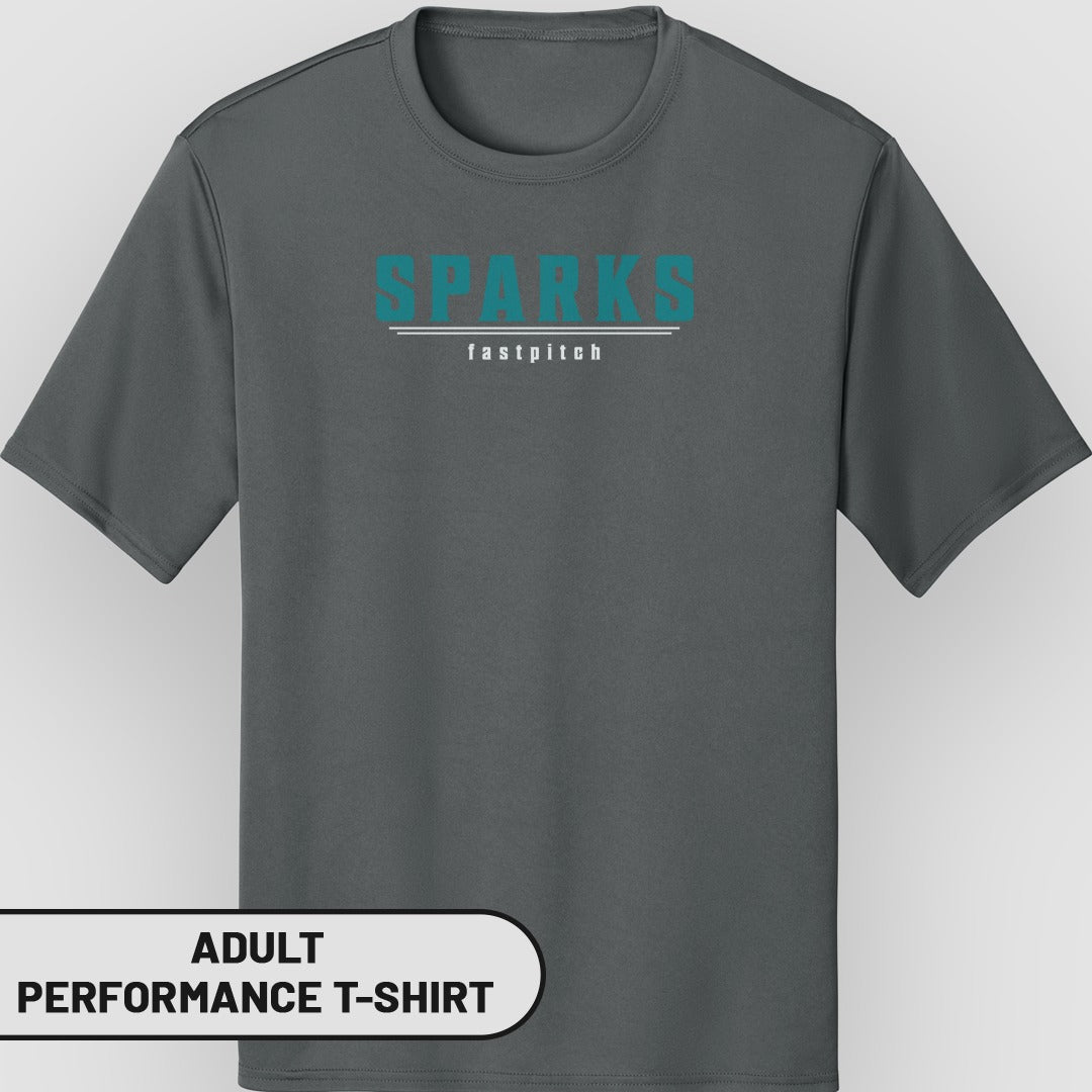 Adult Sparks fastpitch performance t-shirt, dark gray.