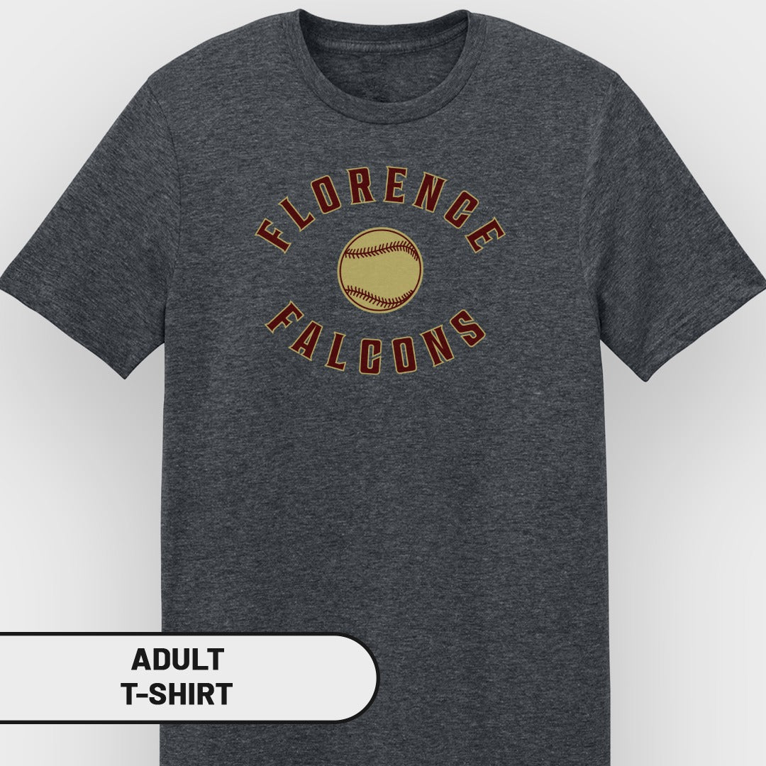 Adult t-shirt with Florence Falcons baseball graphic.