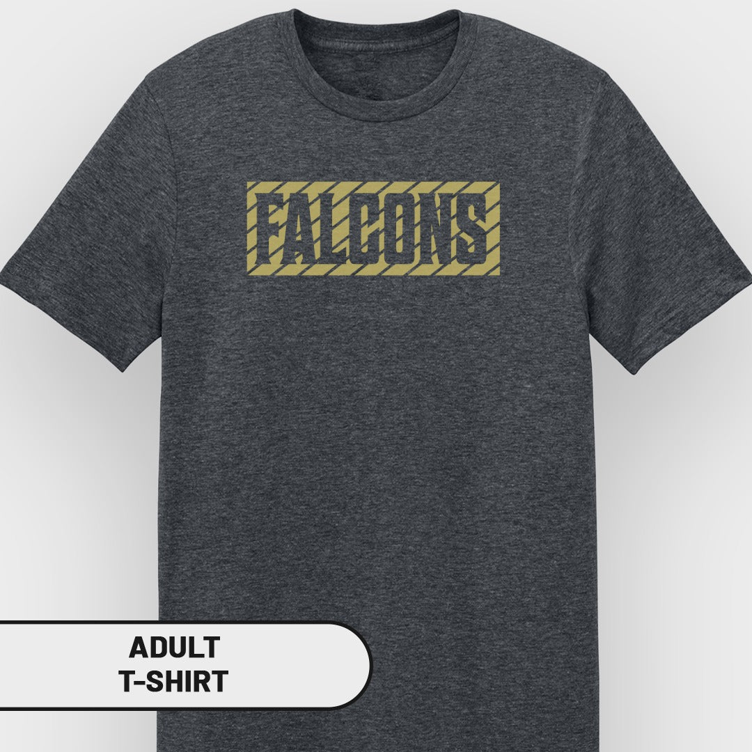 Dark gray adult t-shirt with "FALCONS" text in a gold box with diagonal lines.