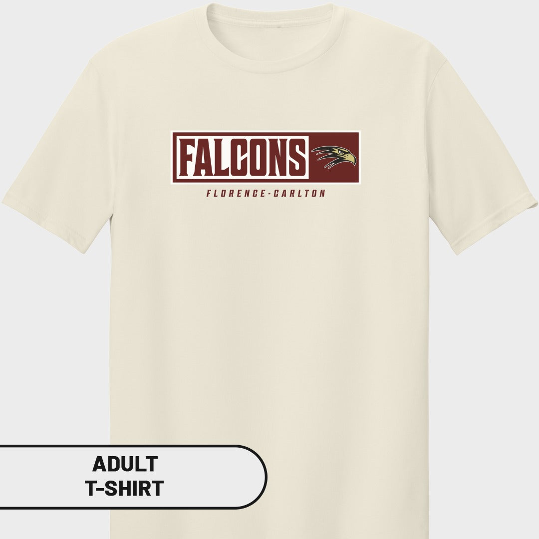 Cream adult t-shirt with maroon "Falcons" logo and "Florence-Carlton" text.