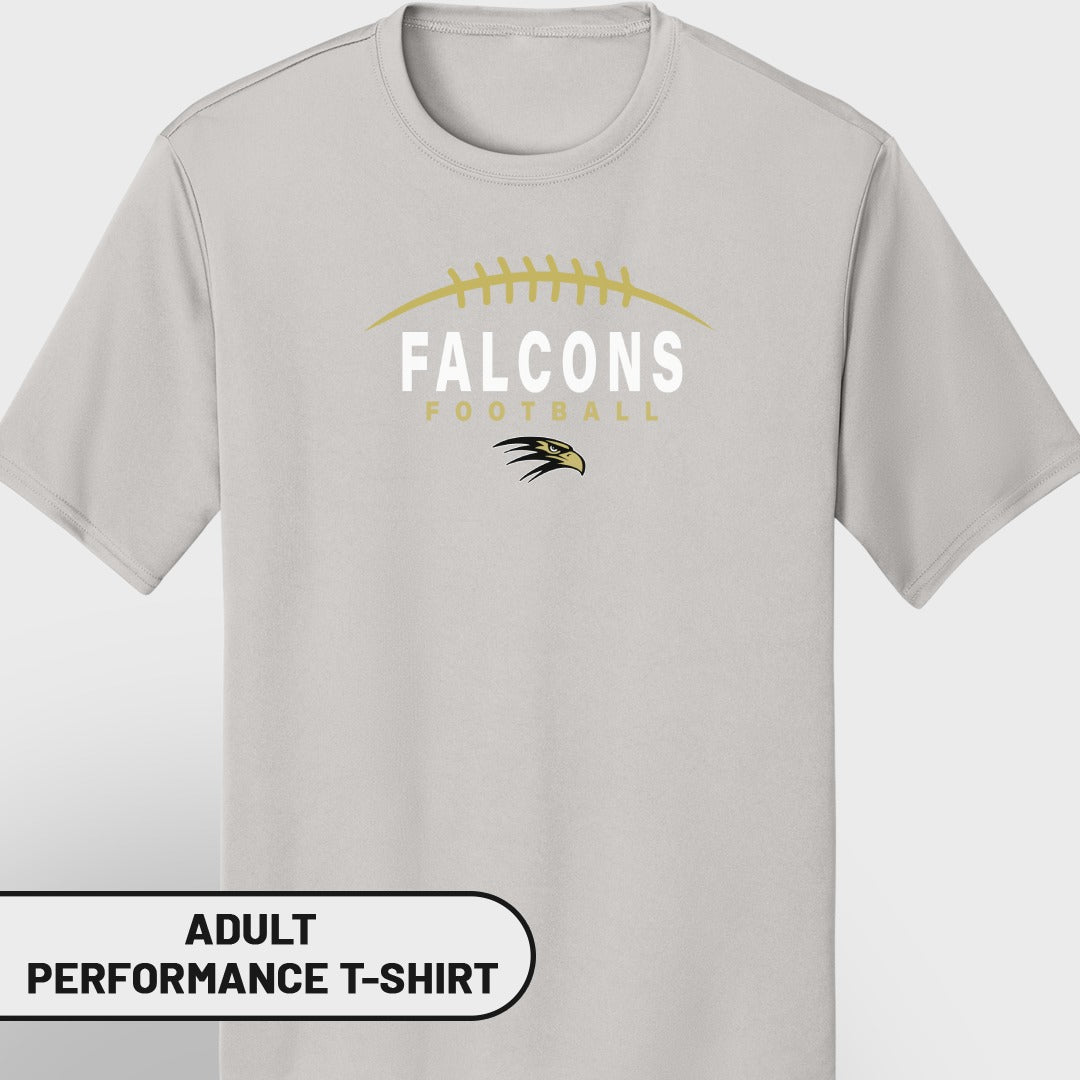 Gray adult performance t-shirt with "Falcons Football" and eagle logo.
