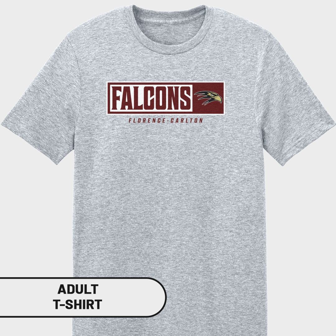 Grey adult t-shirt with "FALCONS FLORENCE-CARLTON" text and a falcon logo.
