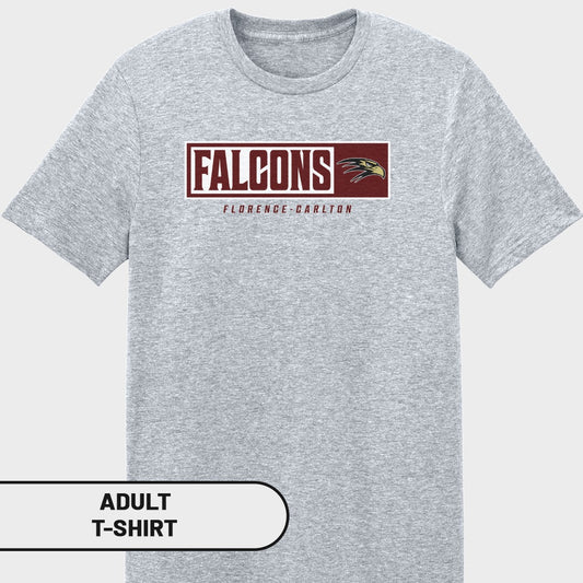 Grey adult t-shirt with "FALCONS FLORENCE-CARLTON" text and a falcon logo.