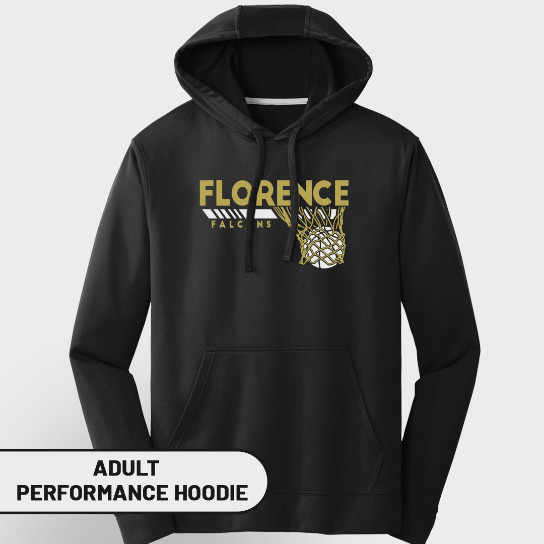 Black adult performance hoodie with "FLORENCE FALCONS" basketball graphic.