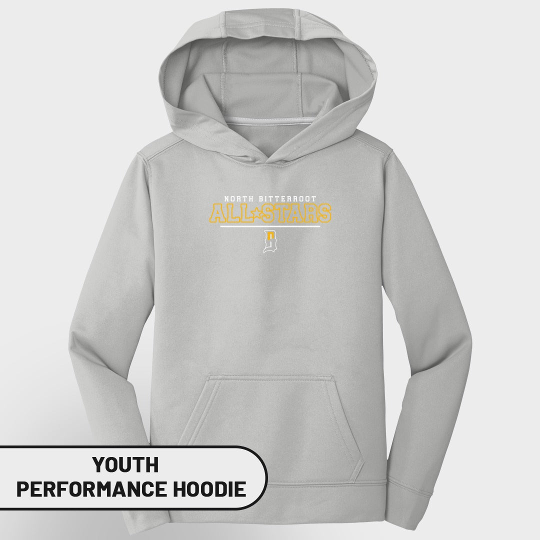 Youth North Bitterroot All-Stars gray performance hoodie.
