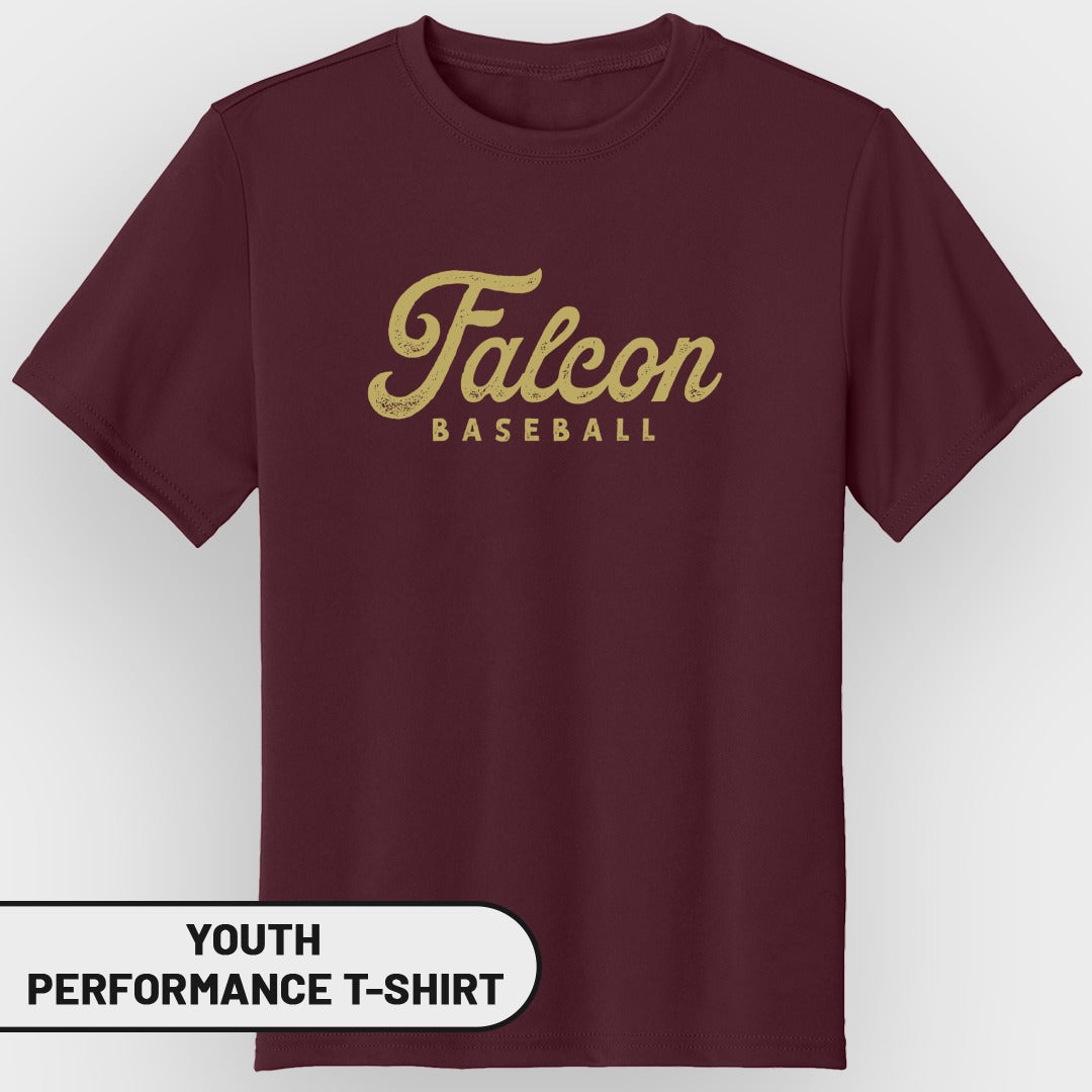 Youth performance t-shirt in maroon with "Falcon BASEBALL" text in gold.