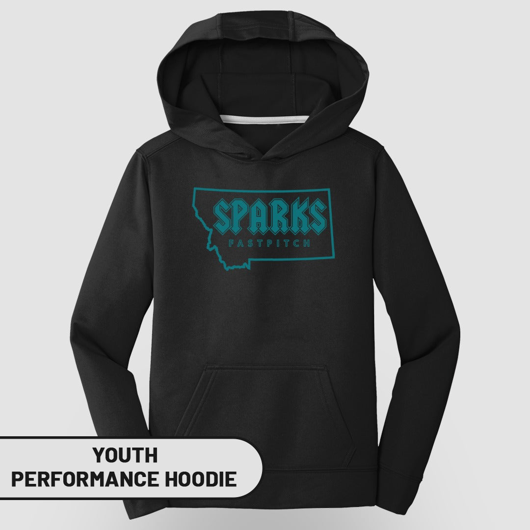 Youth black performance hoodie with "Sparks Fastpitch" Montana outline logo.
