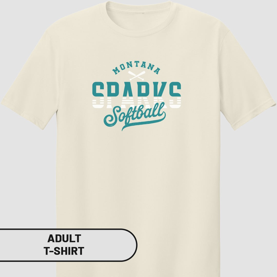 Cream adult t-shirt with "Montana Softball" graphic.