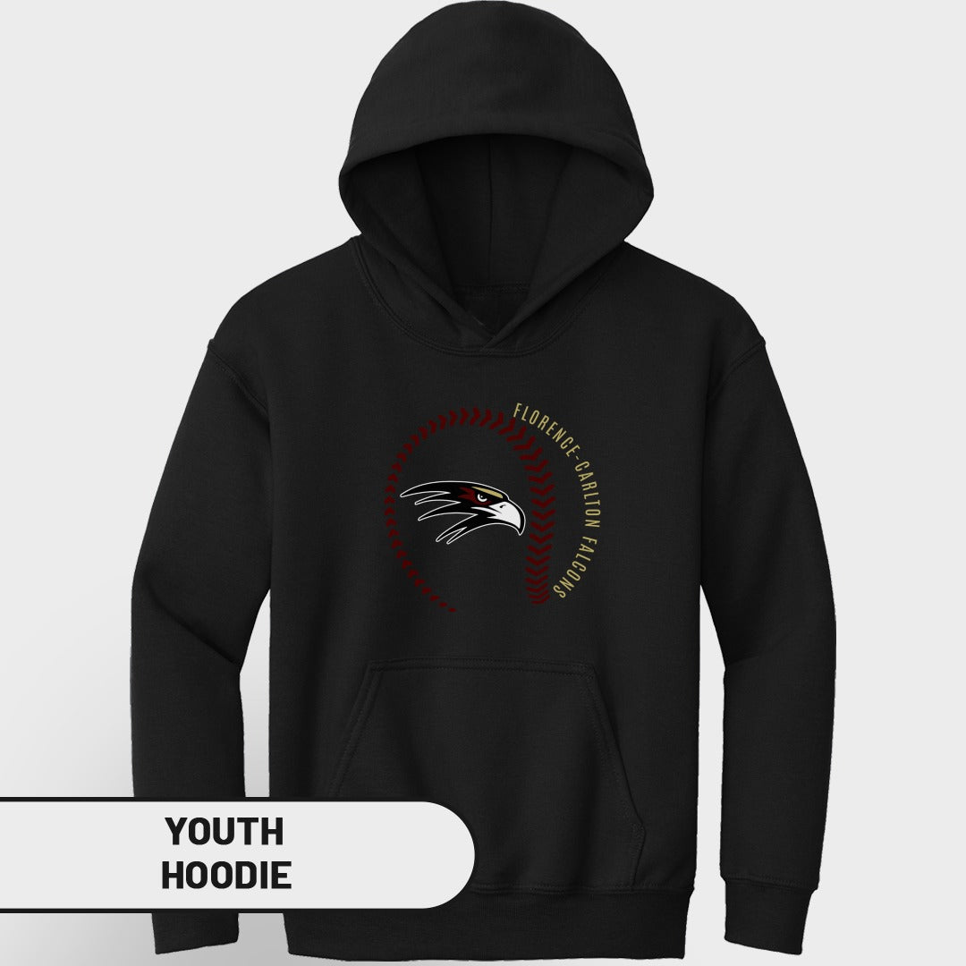 Black youth hoodie with embroidered falcon head and "Florence-Carlton Falcons" text.