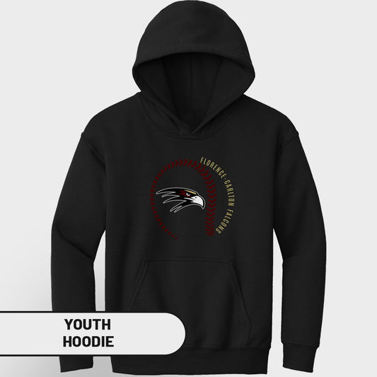 Black youth hoodie with embroidered falcon head and "Florence-Carlton Falcons" text.