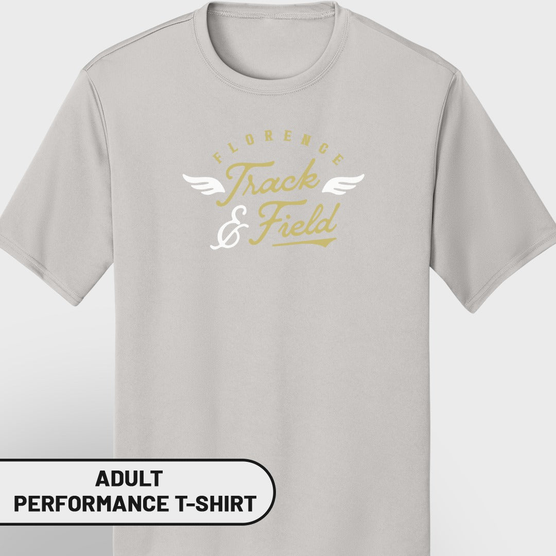 Light gray adult performance t-shirt with Florence Track & Field graphic.