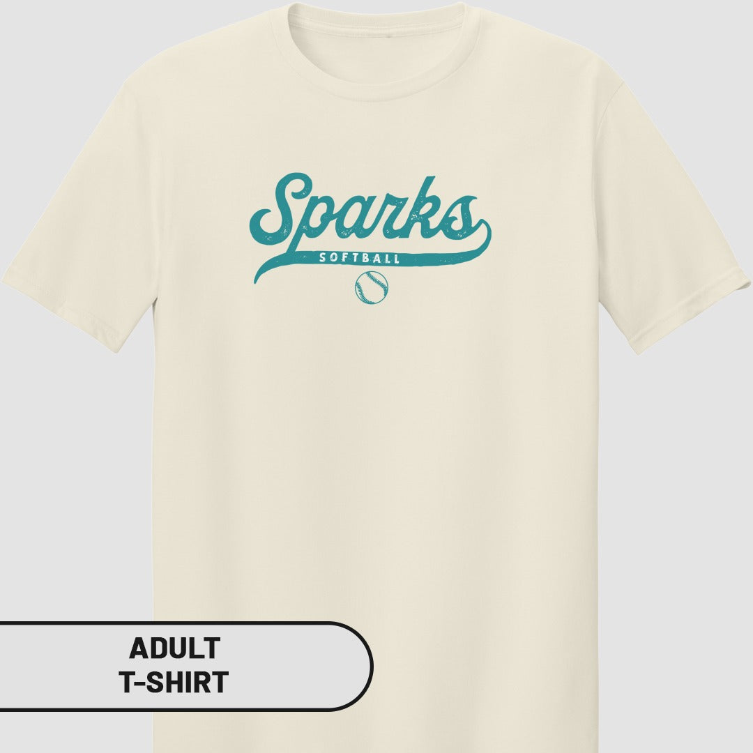 Cream t-shirt with "Sparks Softball" logo and a baseball.