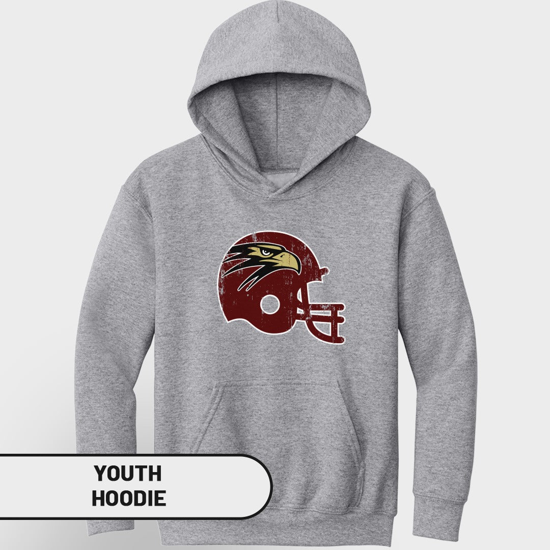 Grey youth hoodie with distressed maroon and gold eagle football helmet graphic.