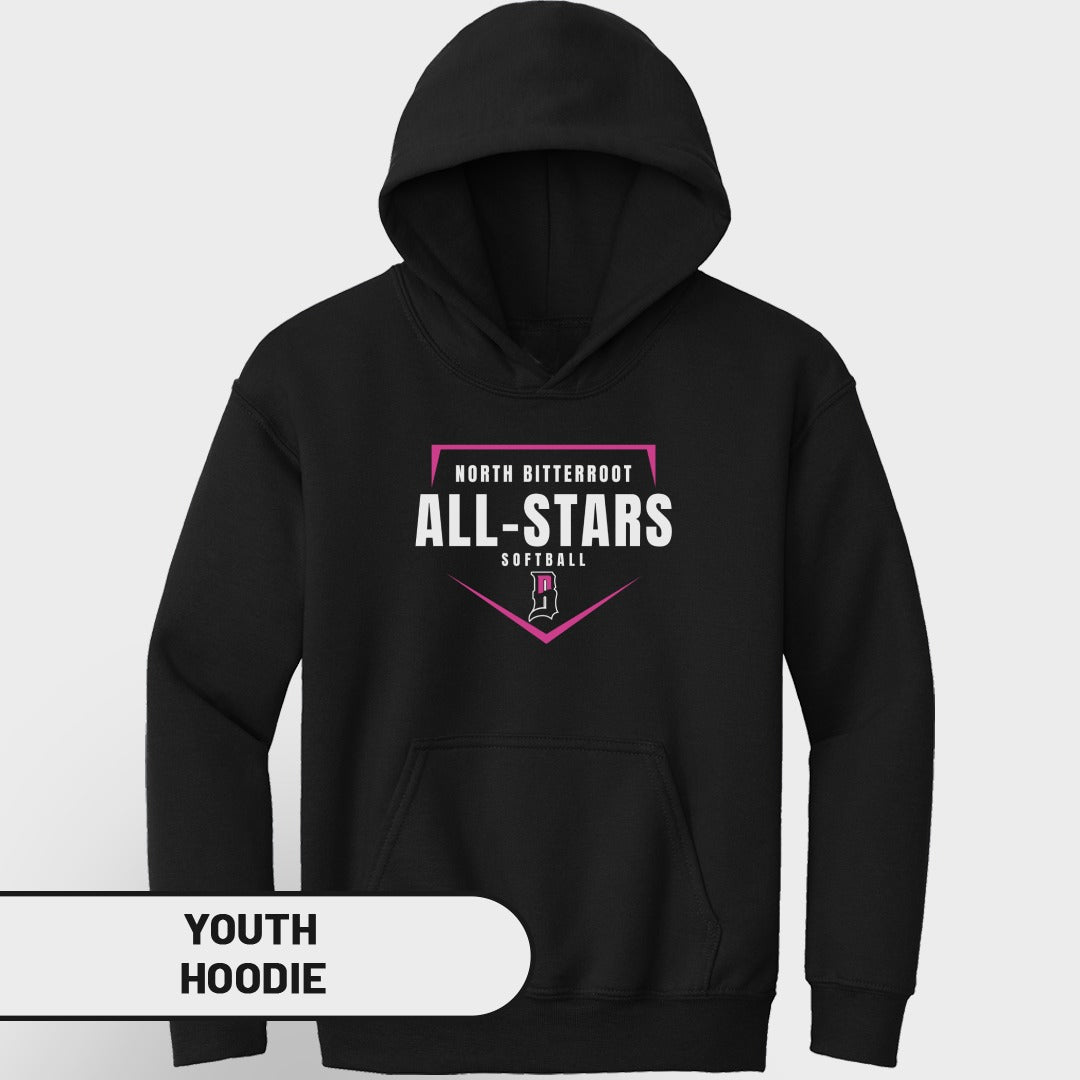 Black youth hoodie with "North Bitterroot All-Stars Softball" logo.