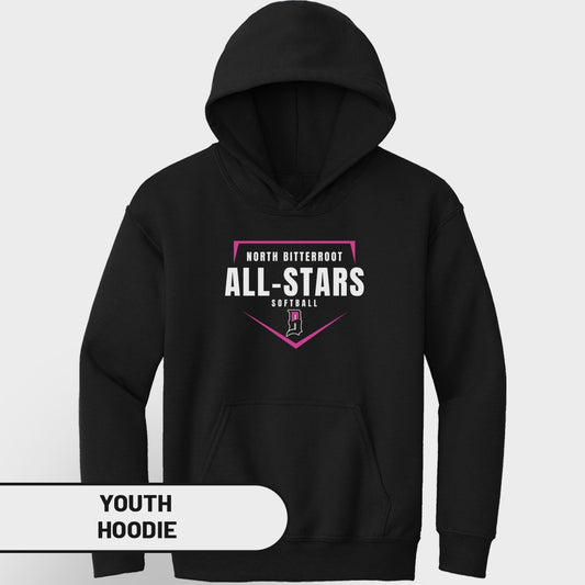 Black youth hoodie with "North Bitterroot All-Stars Softball" logo.