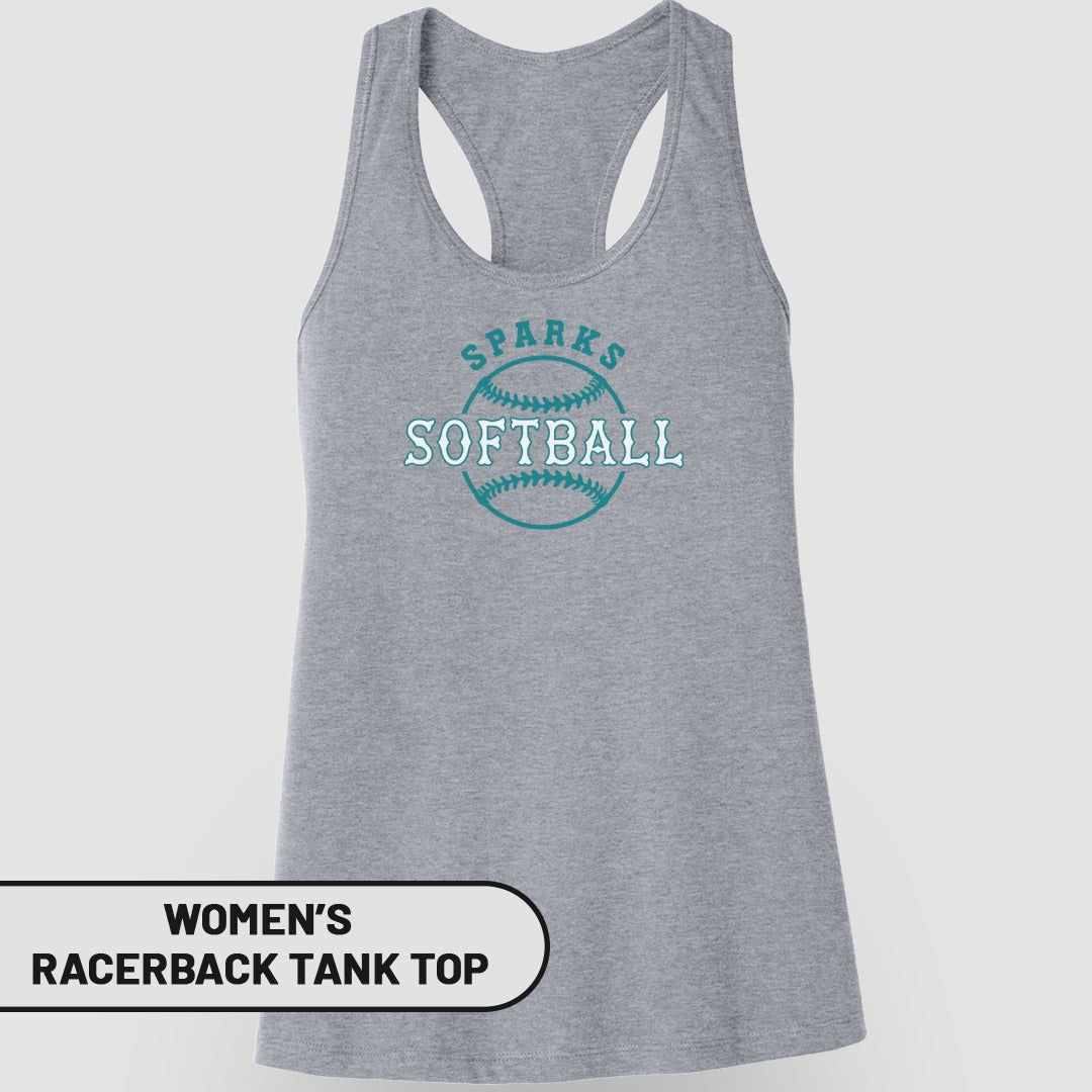 Gray women's racerback tank top with "Sparks Softball" text and baseball graphic.