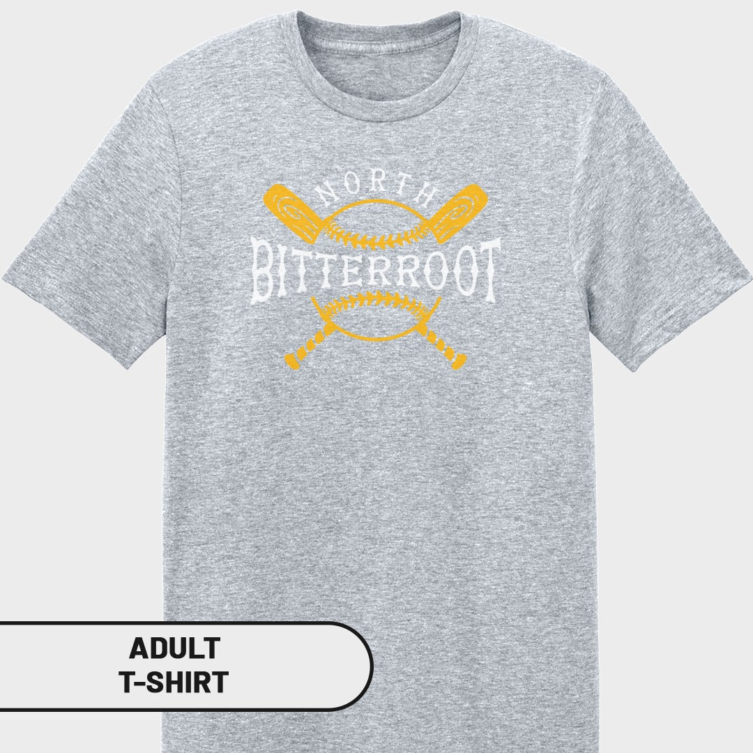 Gray adult t-shirt with "NORTH BITTERROOT" and crossed baseball bats logo.