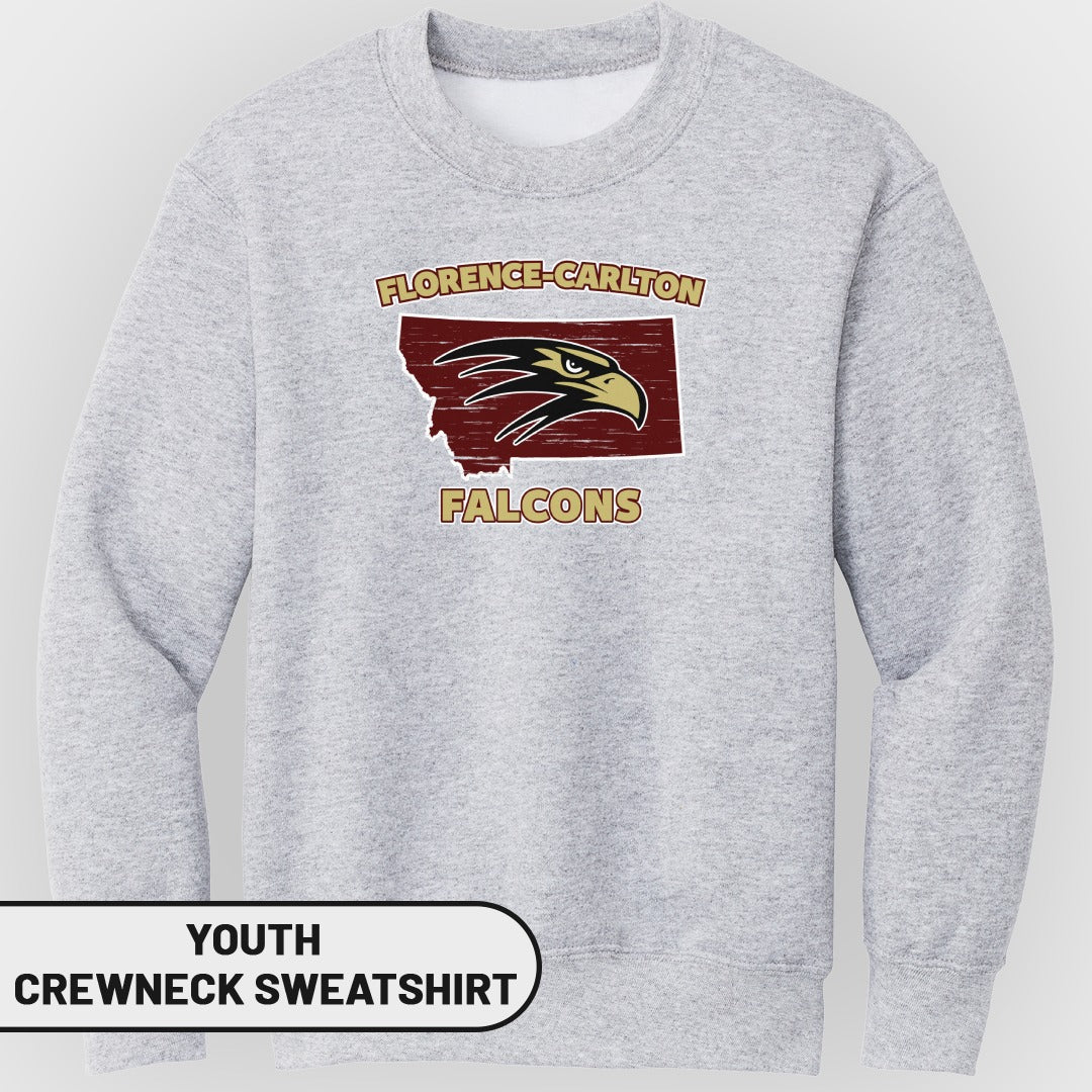 Light grey youth crewneck sweatshirt with Florence-Carlton Falcons logo on Montana outline.