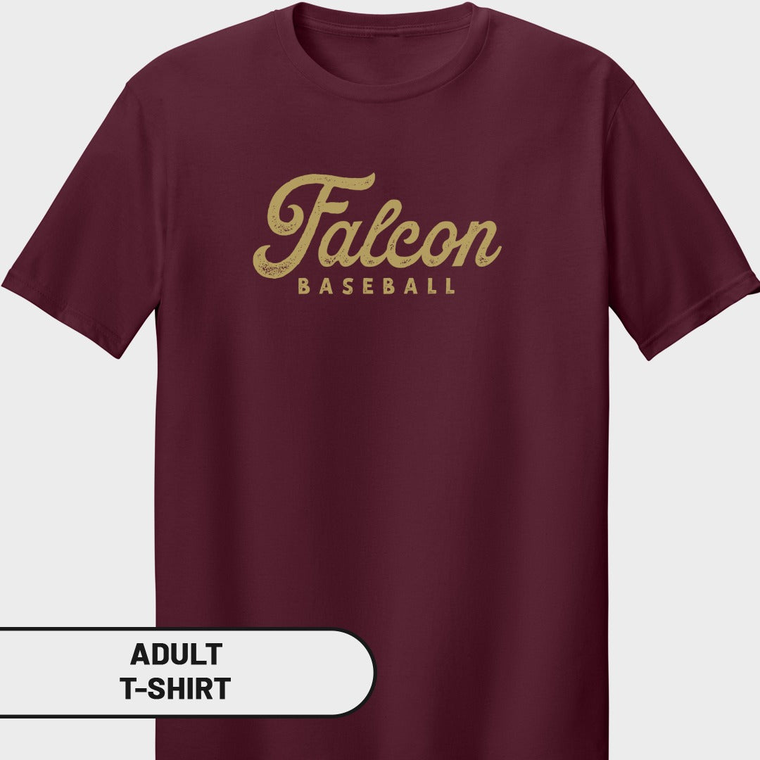 Maroon adult t-shirt with distressed gold "Falcon Baseball" graphic.