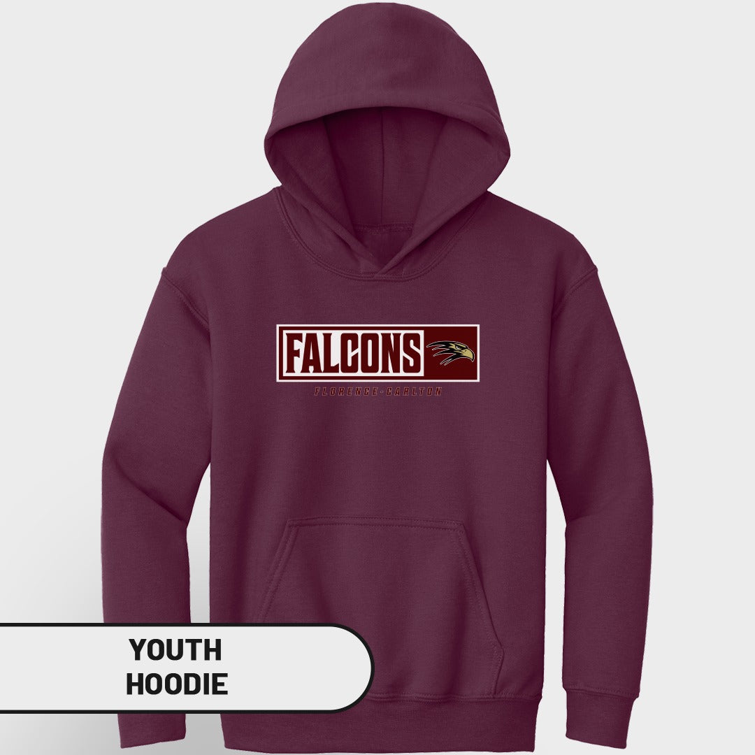 Maroon youth hoodie with "Falcons Florence-Carlton" graphic and falcon logo.