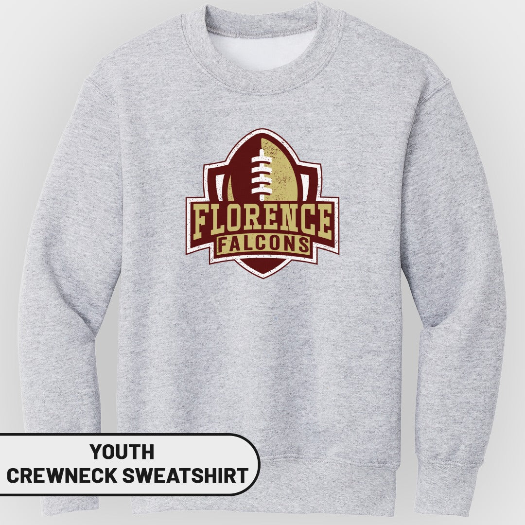 Light gray youth crewneck sweatshirt with Florence Falcons football logo.