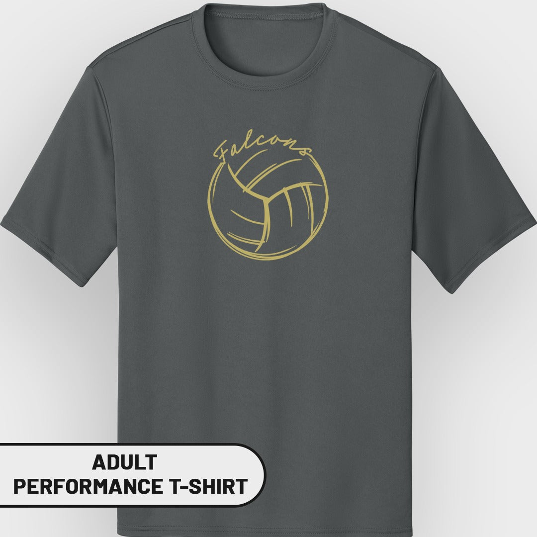 Adult performance t-shirt with gold volleyball and "Falcons" graphic.