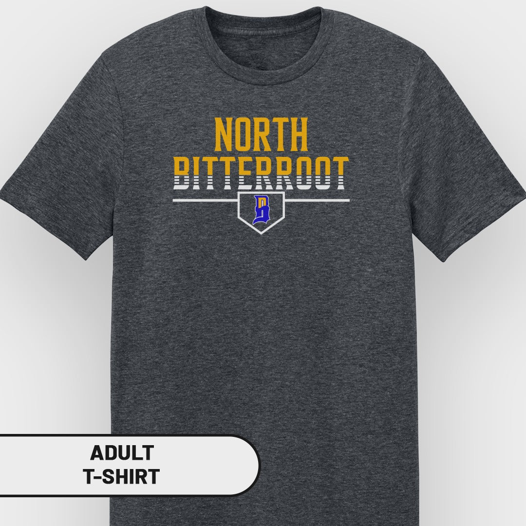 Dark grey t-shirt with "NORTH BITTERROOT" text and a blue shield logo.