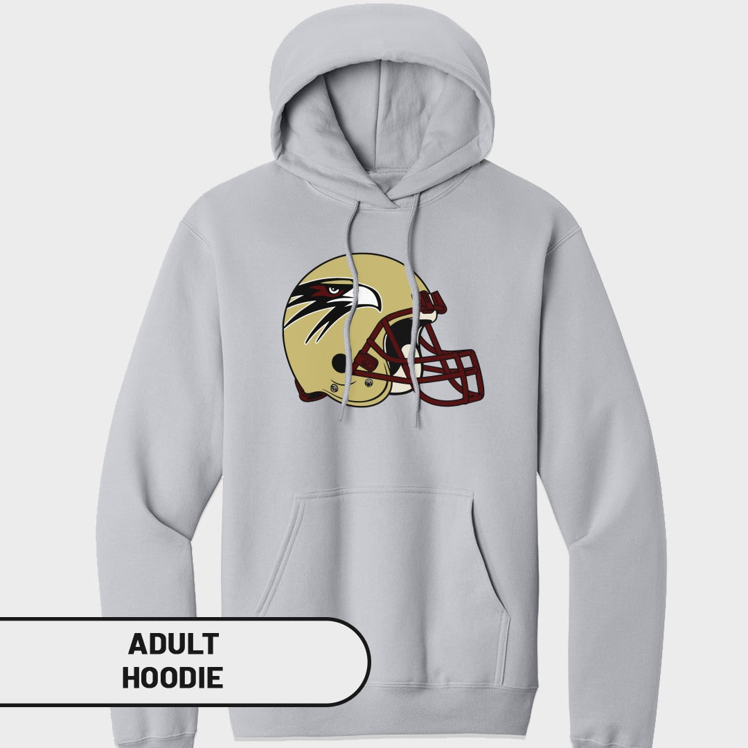Light grey adult hoodie with a gold football helmet featuring an eagle design.