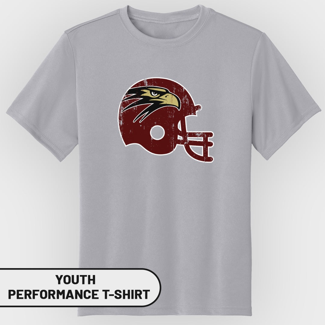 Grey youth performance t-shirt with a distressed maroon football helmet featuring an eagle logo.