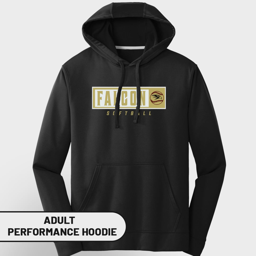 Black adult performance hoodie with "Falcon Softball" text and logo.