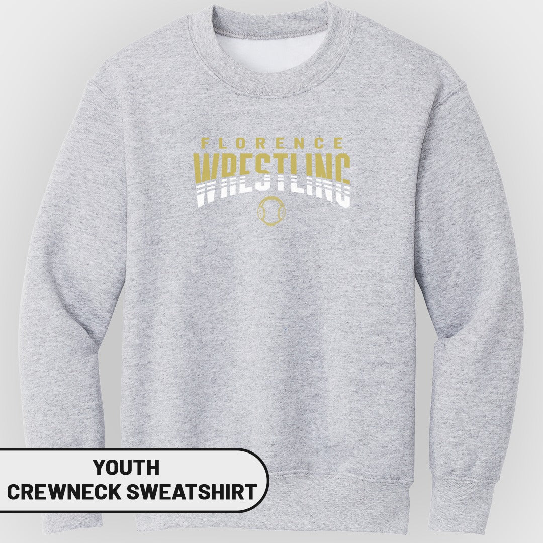 Youth grey crewneck sweatshirt with "Florence Wrestling" text and wrestling graphic.