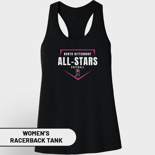 Black women's racerback tank with "North Bitterroot All-Stars Softball" and pink 'P' logo.