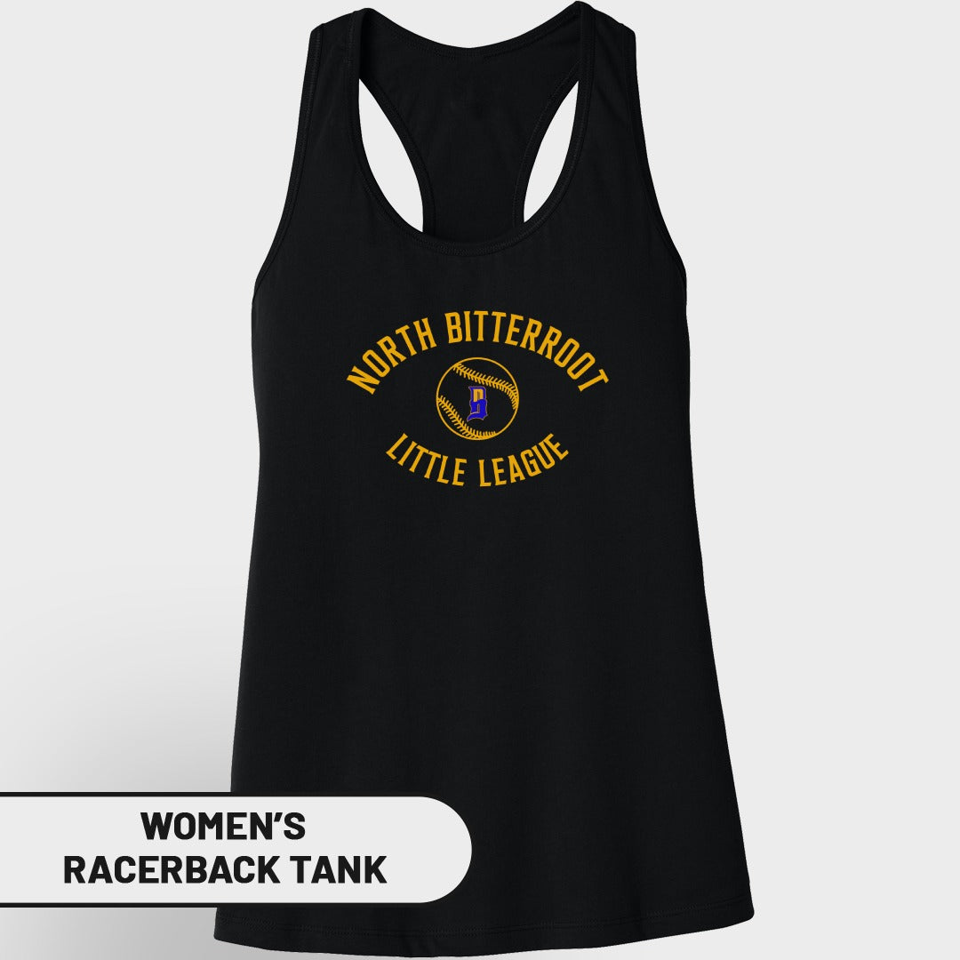Women's black North Bitterroot Little League racerback tank top.