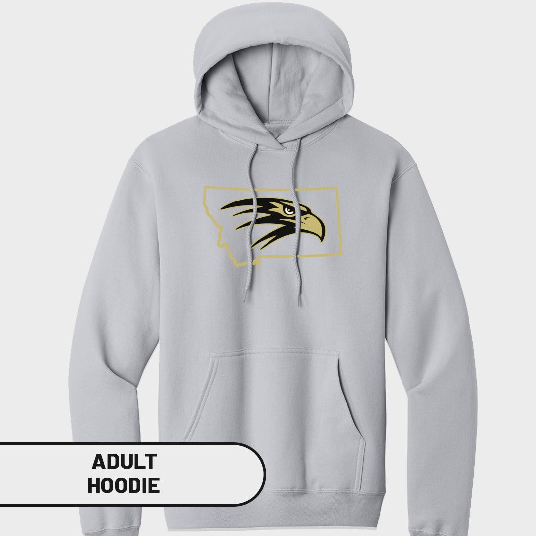 Light grey adult hoodie with Montana outline and eagle head graphic.