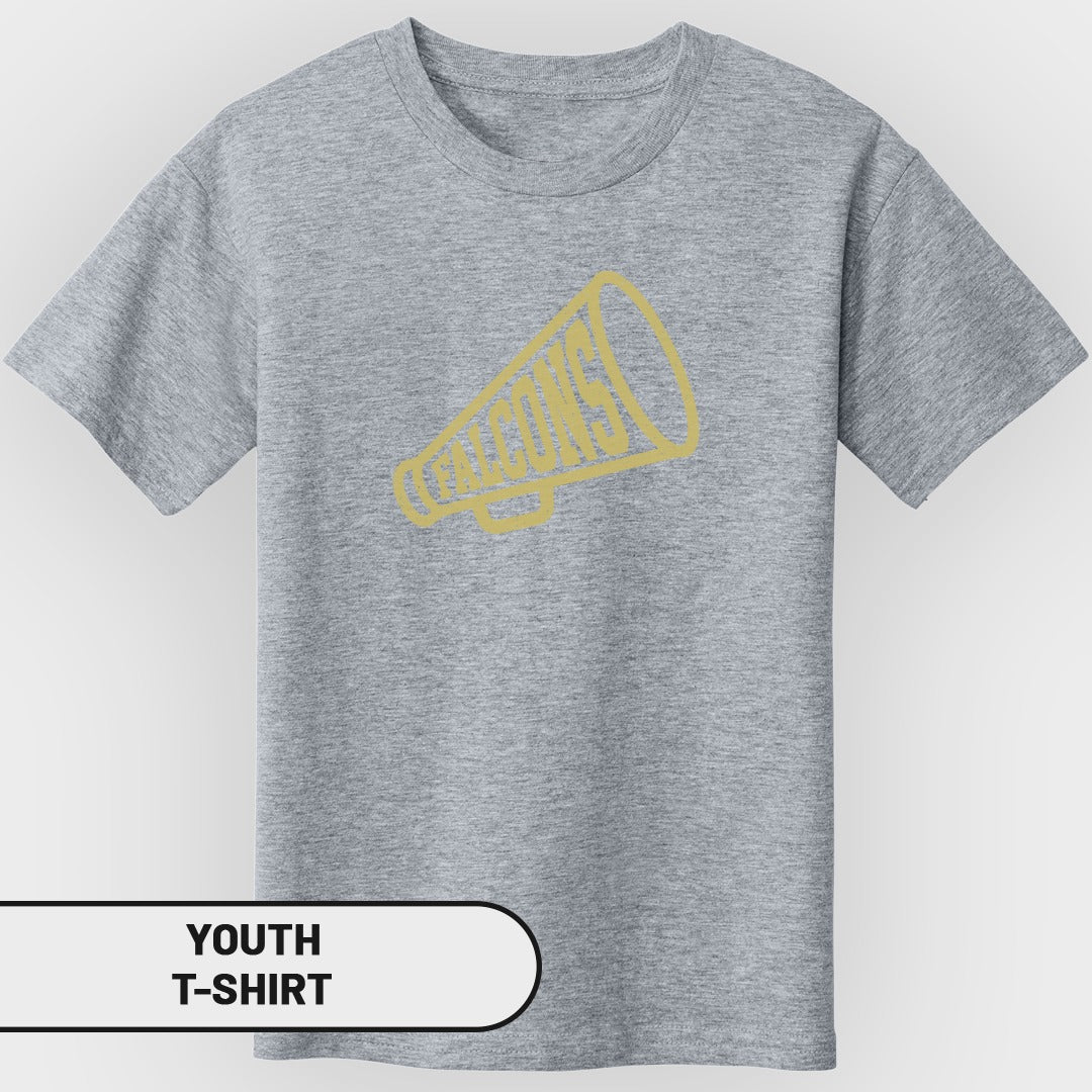 Youth grey t-shirt with a gold megaphone graphic reading "COACHING".