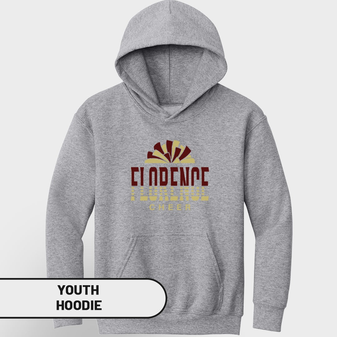 Gray youth hoodie with "CLARENCE" and "CHEER" text and logo.