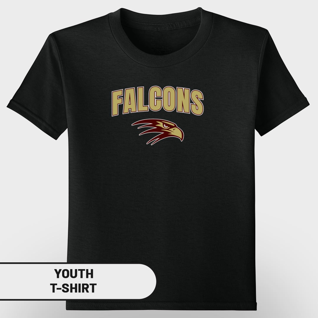 Black youth t-shirt with gold "Falcons" text and a red falcon graphic.