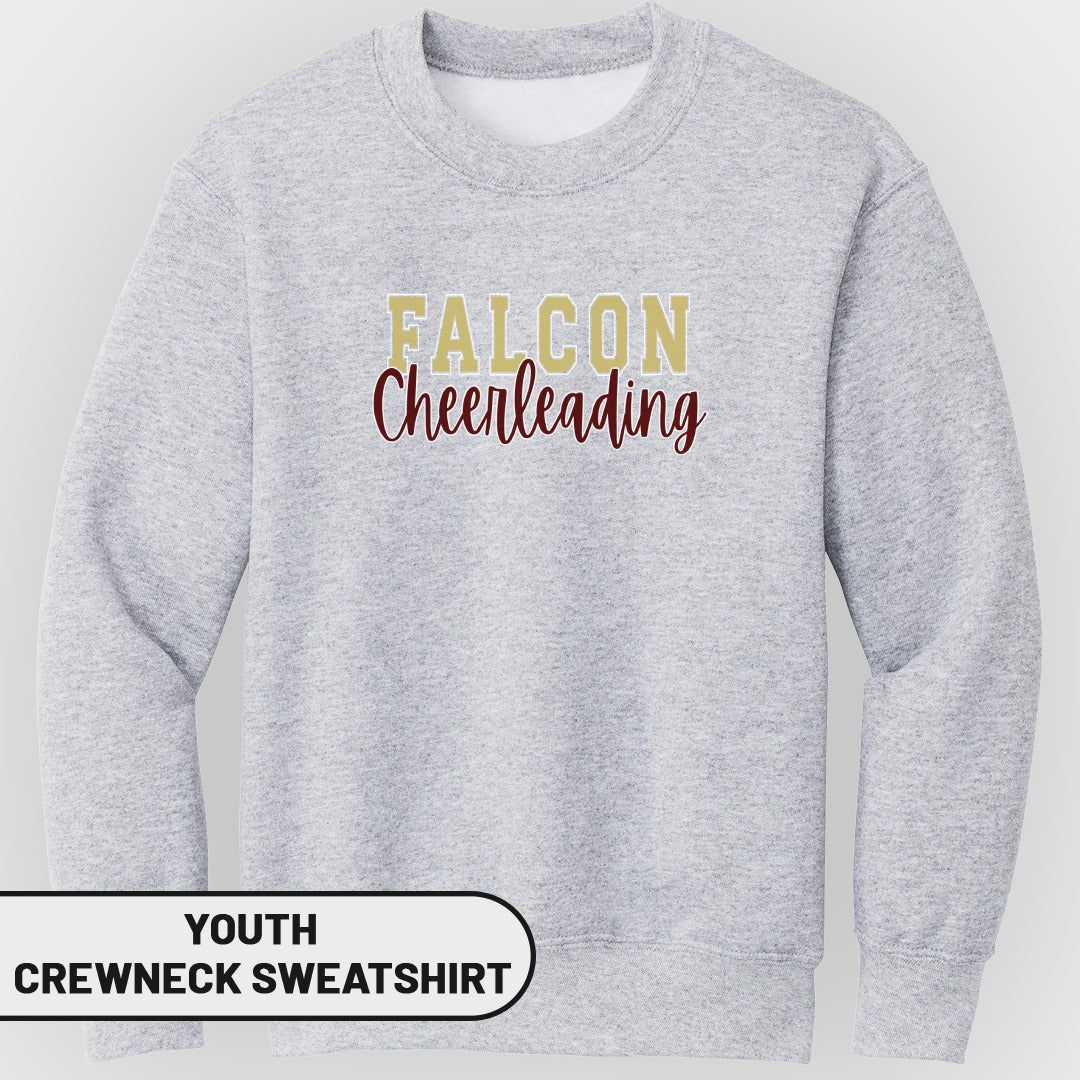 Youth grey crewneck sweatshirt with "FALCON Cheerleading" text.