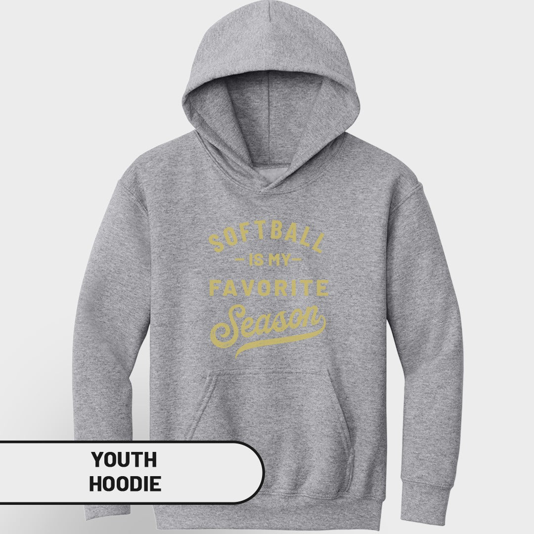 Gray youth hoodie with yellow "Softball is my favorite season" text.