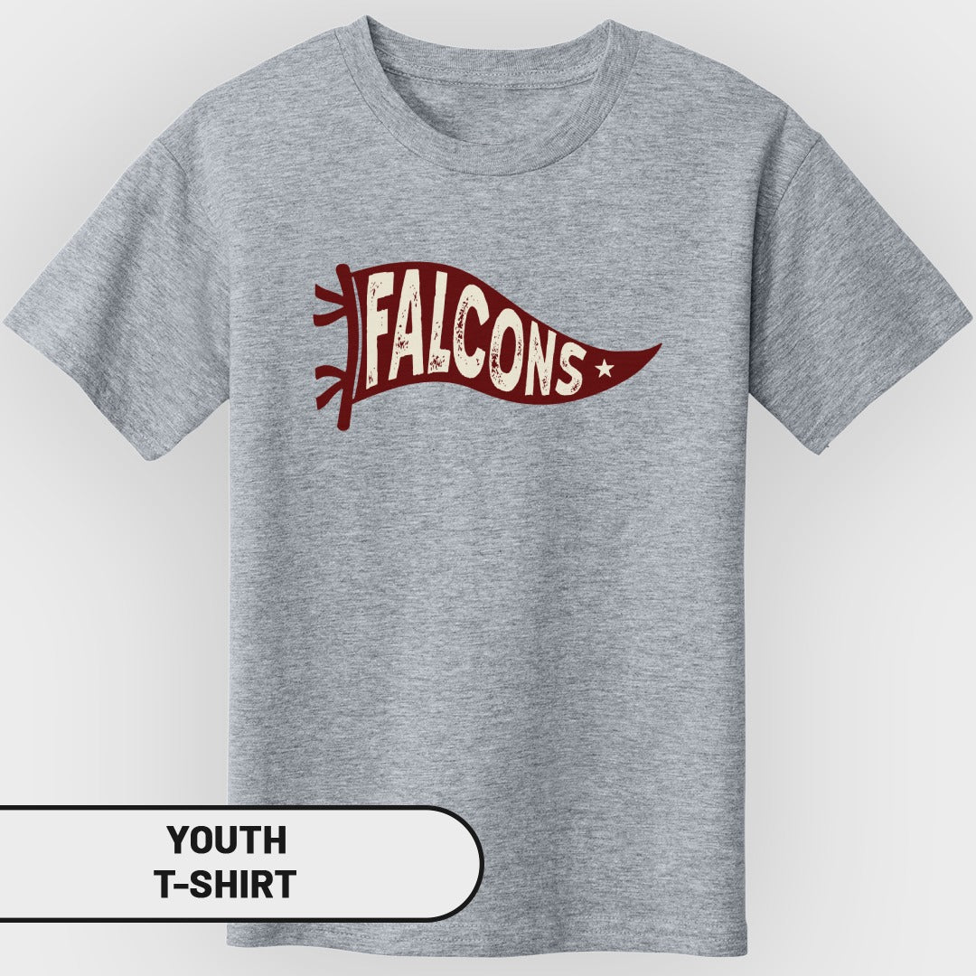 Grey youth t-shirt with a maroon banner graphic reading "FALCONS".