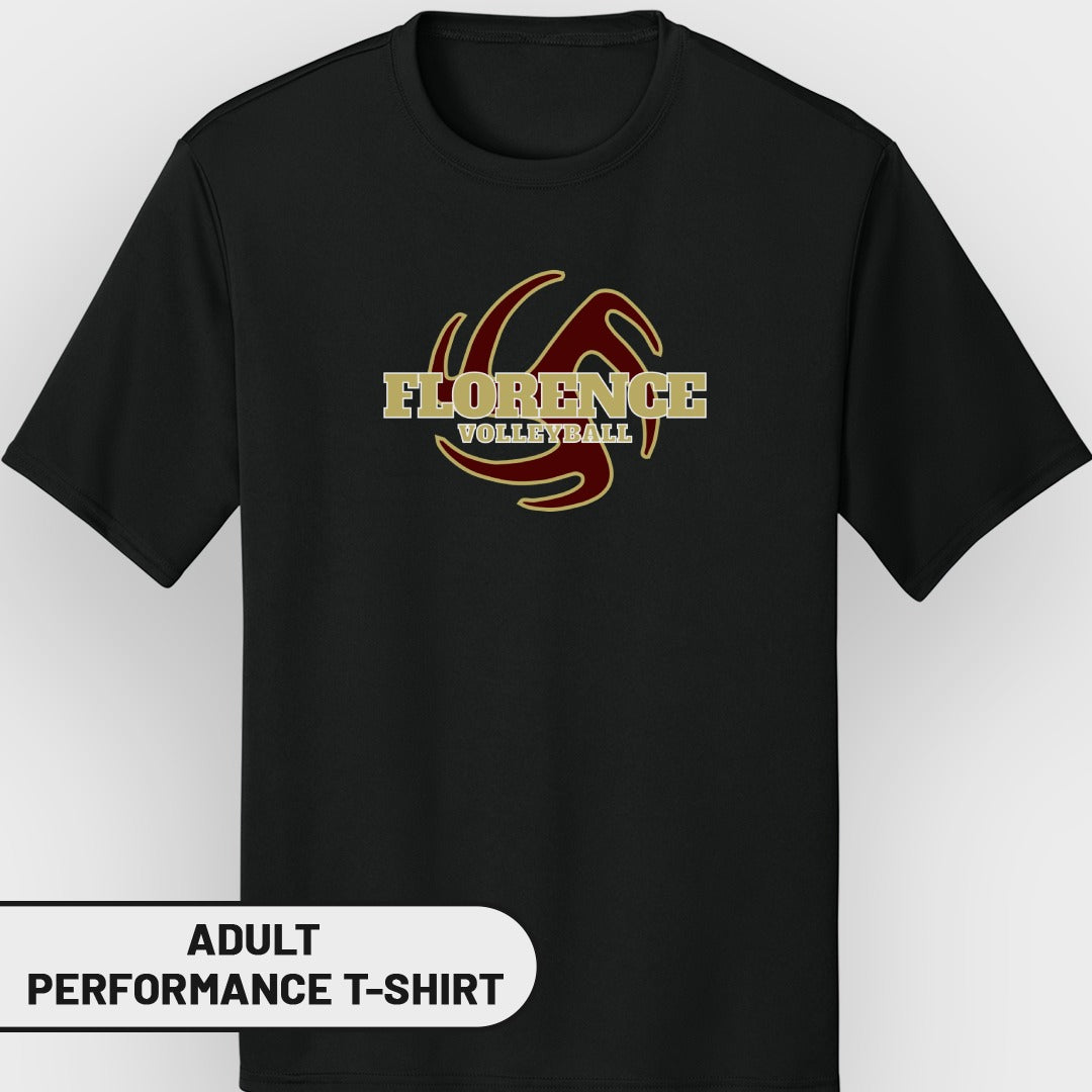 Black adult performance t-shirt with Florence Volleyball logo.