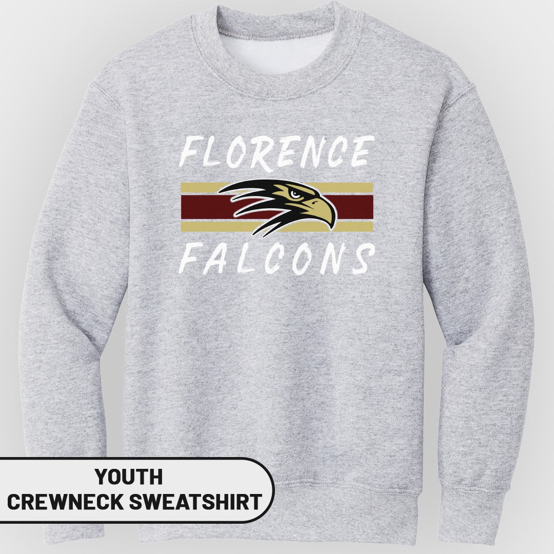 Youth light grey crewneck sweatshirt with "Florence Falcons" and falcon graphic.