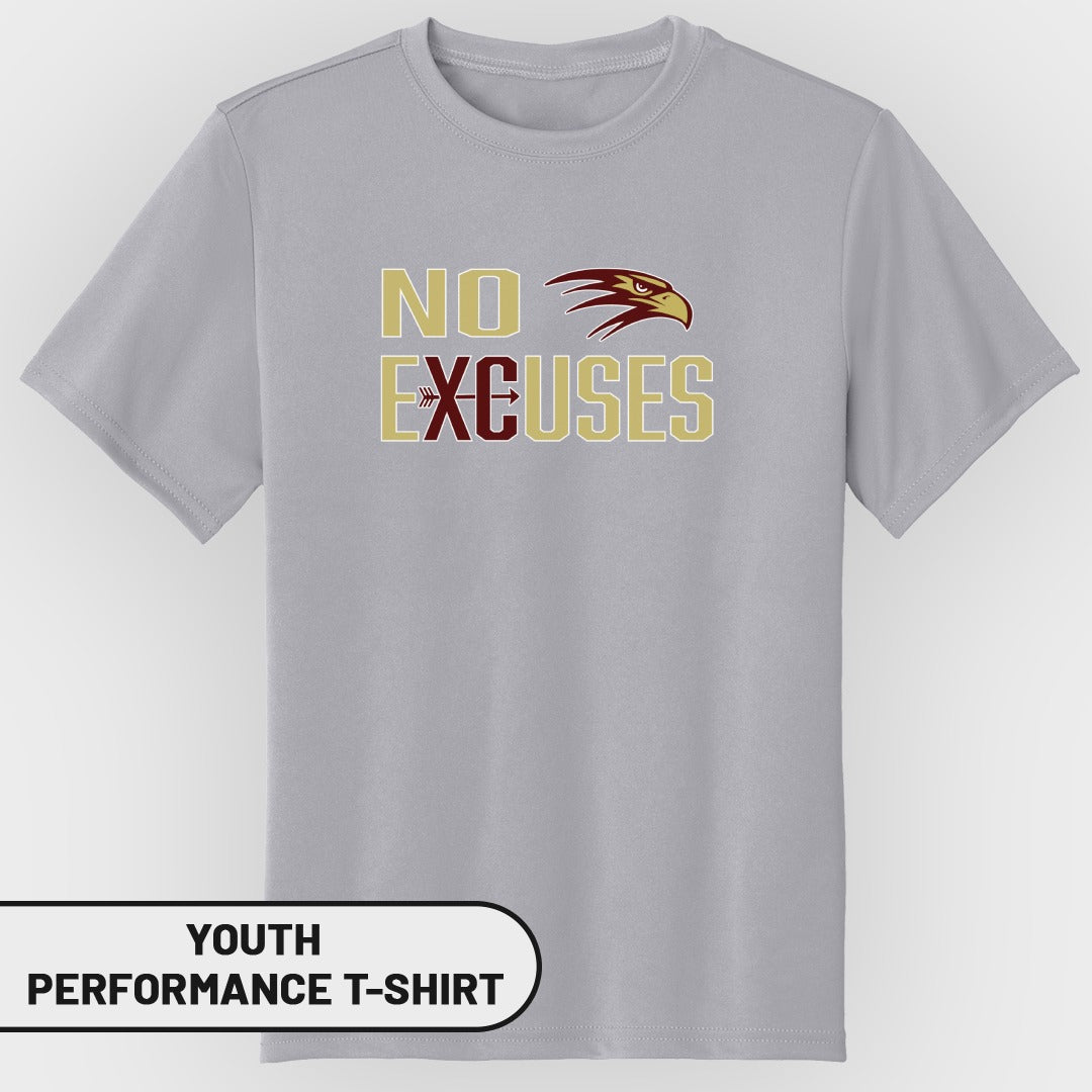 Grey youth performance t-shirt with "NO EXCUSES" text and hawk head graphic.
