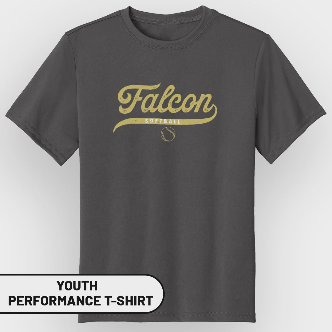 Youth dark grey performance t-shirt with "Falcon Softball" and baseball graphic.