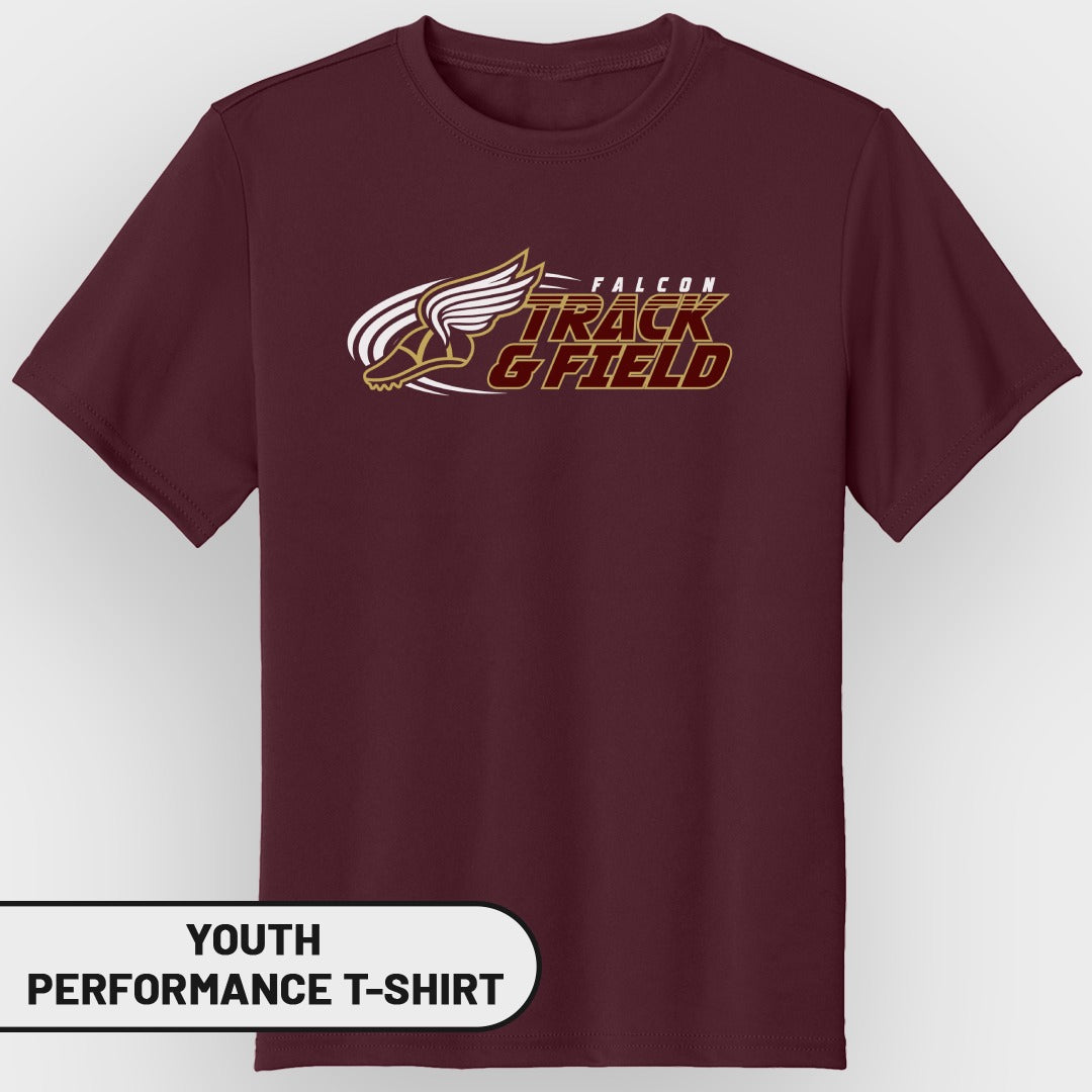 Maroon youth performance t-shirt with "Falcon Track & Field" text and winged shoe graphic.